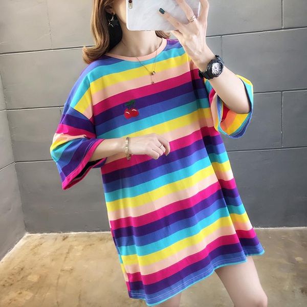 women's t-shirt summer cotton women tees short-sleeved striped ladies casual loose plus size cherry embroidered, White
women's t-shirt summer cotton women tees short-sleeved striped ladies casual loose plus size cherry embroidered, White