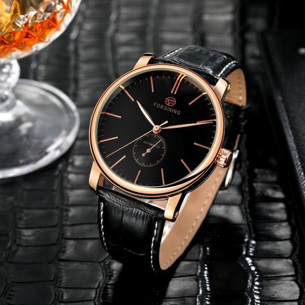 wristwatches forsining men casual simple mechanical movement automatic manipulator watchband eye rim wrist band watch, Slivery;brown