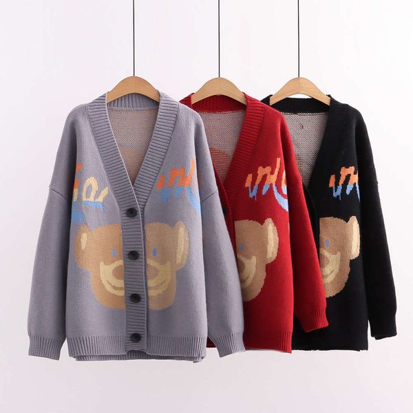 college style sweet and lovely v-neck color matching cardigan bear sweater coat, White;black
college style sweet and lovely v-neck color matching cardigan bear sweater coat, White;black