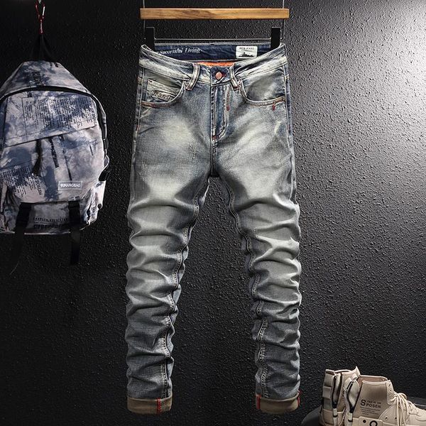 men's jeans italian style fashion men retro elastic vintage designer slim distressed scratch casual denim pants, Blue
men's jeans italian style fashion men retro elastic vintage designer slim distressed scratch casual denim pants, Blue
