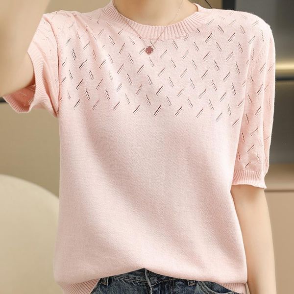 women's t-shirt european and american trend hollow 100% cotton short-sleeved summer 21 o-neck knitted pullover, White
women's t-shirt european and american trend hollow 100% cotton short-sleeved summer 21 o-neck knitted pullover, White