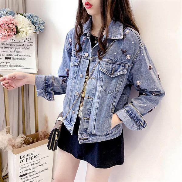women's jackets women loose short denim jacket spring autumn korean fashion diamonds beading long sleeve single breasted jeans tide h19, Black;brown 
women's jackets women loose short denim jacket spring autumn korean fashion diamonds beading long sleeve single breasted jeans tide h19, Black;brown