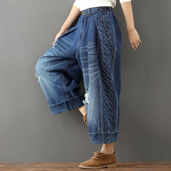women's jeans women spring loose casual elastic waist wide leg pants ankle-length female vintage denim ripped cropped, Blue
women's jeans women spring loose casual elastic waist wide leg pants ankle-length female vintage denim ripped cropped, Blue