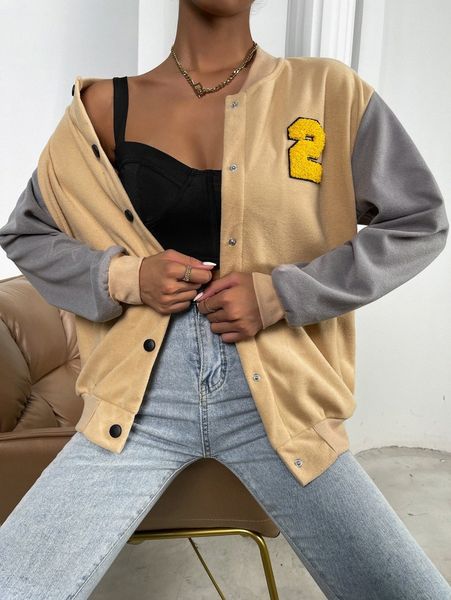 number patch detail drop shoulder colorblock bomber jacket t8la#, Black;brown
number patch detail drop shoulder colorblock bomber jacket t8la#, Black;brown