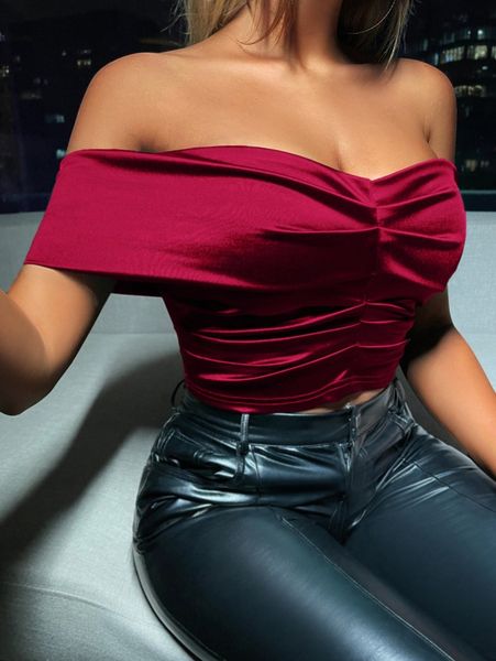 off shoulder ruched satin s24e#, White