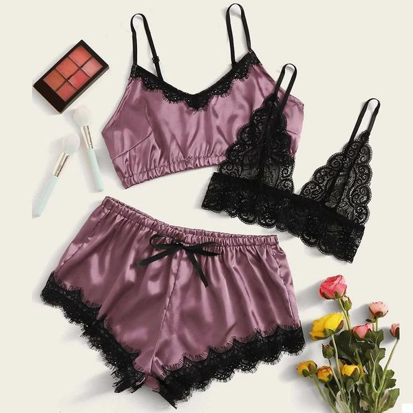 3pc women lace satin wireless bra camisole shorts pajamas sleepwear bow robe set micro outfit women erotic lenceria mujer, Black;red
3pc women lace satin wireless bra camisole shorts pajamas sleepwear bow robe set micro outfit women erotic lenceria mujer, Black;red