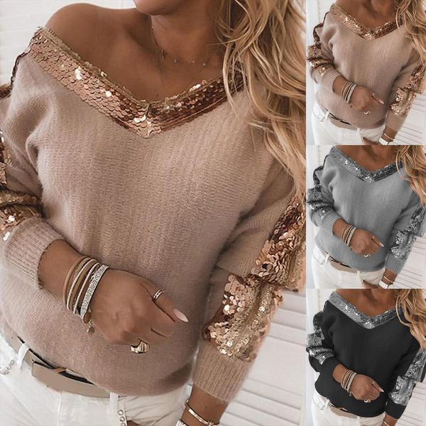 autumn winter women womens sweater v neck long sleeve sequins one shoulder jumpers, White;black
autumn winter women womens sweater v neck long sleeve sequins one shoulder jumpers, White;black