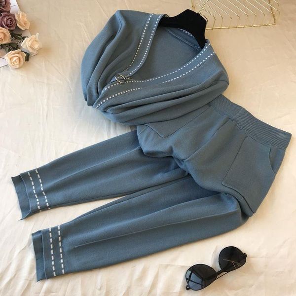 women's two piece pants 2022 fashion cardigan women's knitted sweater suits +high waist set, White
women's two piece pants 2022 fashion cardigan women's knitted sweater suits +high waist set, White