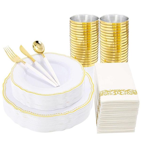 disposable dinnerware 70 tableware white plastic plate with gold rim and cutlery napkin set suitable for weddings parties
disposable dinnerware 70 tableware white plastic plate with gold rim and cutlery napkin set suitable for weddings parties
