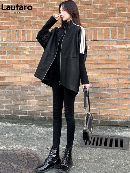women's leather & faux lautaro zip up soft jacket women long sleeve spring autumn clothes runway stylish loose korean style fashion 202, Black 
women's leather & faux lautaro zip up soft jacket women long sleeve spring autumn clothes runway stylish loose korean style fashion 202, Black