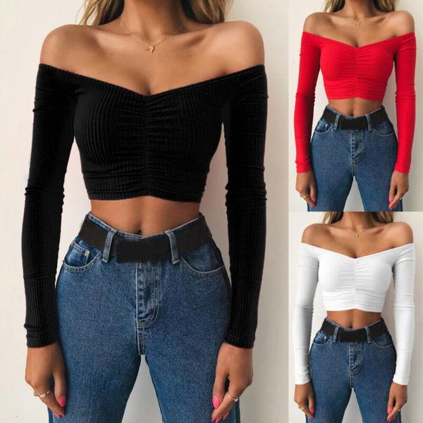 women's t-shirt women ladies off shoulder long sleeve pullover casual slim solid bare belly fashion female slash neck crop, White
women's t-shirt women ladies off shoulder long sleeve pullover casual slim solid bare belly fashion female slash neck crop, White