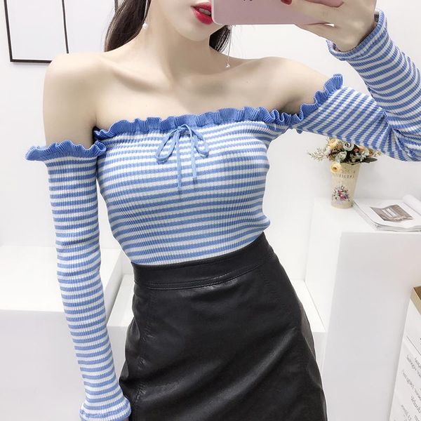women's sweaters fashion 2021 women sweater wooden ear slash neck long sleeve strap striped female slim body top, White;black
women's sweaters fashion 2021 women sweater wooden ear slash neck long sleeve strap striped female slim body top, White;black