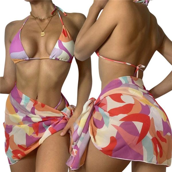 women's swimwear 2021 colorful printing 3pcs bikini suit deep v-neck lace-up halter with thong bottoms and beach scarf, White;black
women's swimwear 2021 colorful printing 3pcs bikini suit deep v-neck lace-up halter with thong bottoms and beach scarf, White;black