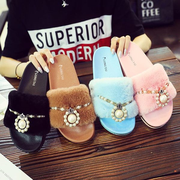 slippers luxury beading ladies fur pearls crystal thick bottom slides shoes women non-slip bedroom flat pantoufle flipflops girl, Black
slippers luxury beading ladies fur pearls crystal thick bottom slides shoes women non-slip bedroom flat pantoufle flipflops girl, Black