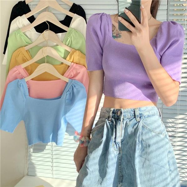 women's t-shirt summer short sleeve t shirt knitting version square collar slim candy color thin puff korean clothing wholesale, White
women's t-shirt summer short sleeve t shirt knitting version square collar slim candy color thin puff korean clothing wholesale, White