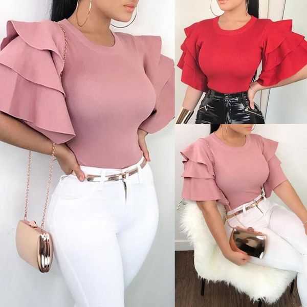 women's t-shirt women multi layer ruffle wide sleeve casual slim solid shirt summer streetwear, White
women's t-shirt women multi layer ruffle wide sleeve casual slim solid shirt summer streetwear, White