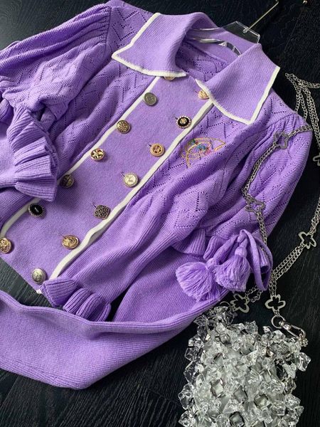 women's knits & tees knitted cardigan hit color turn-down collar ruffle embroidery puff sleeves lace up sweater women vintage t, White
women's knits & tees knitted cardigan hit color turn-down collar ruffle embroidery puff sleeves lace up sweater women vintage t, White