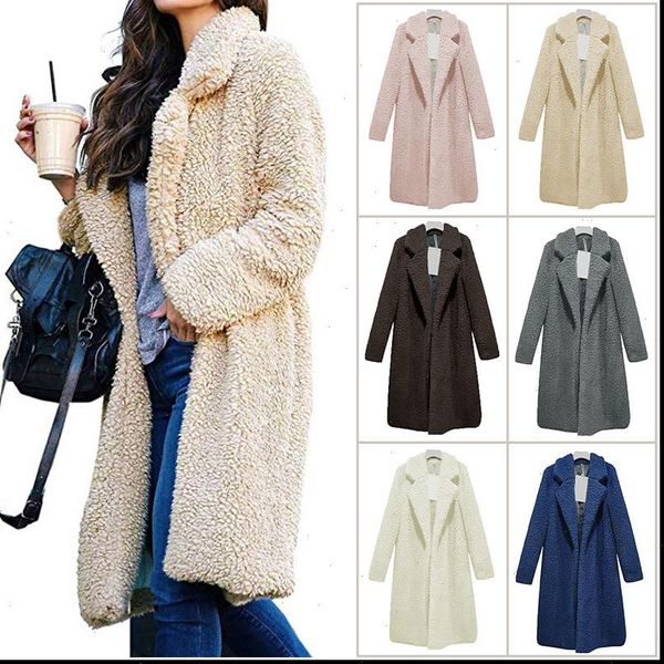 long coats fleece jackets winter warm teddy cardigan office lady women wool blends full overcoats plus size, Black
