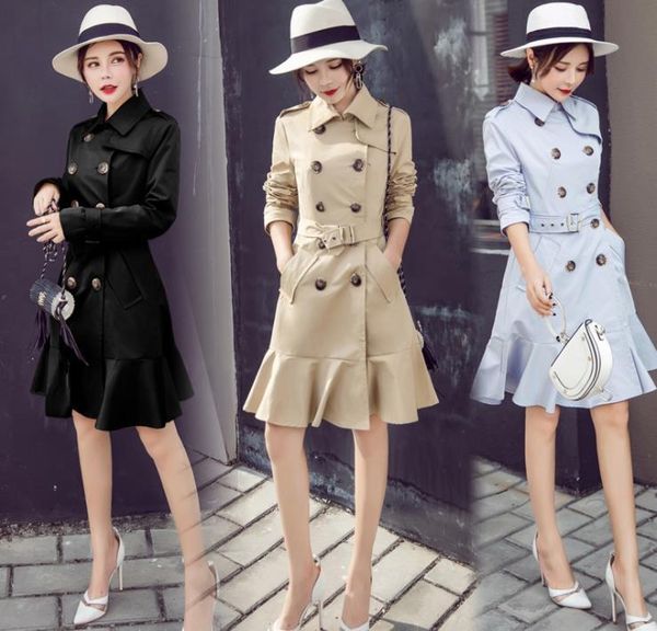 women's trench coats autumn and winter windbreaker double-breasted slim three-color thin, Tan;black