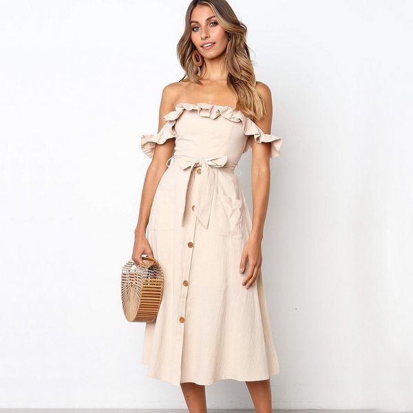 2021 new summer off shoulder slash neck female es elegant cotton a line midi women qash, Black;gray
2021 new summer off shoulder slash neck female es elegant cotton a line midi women qash, Black;gray