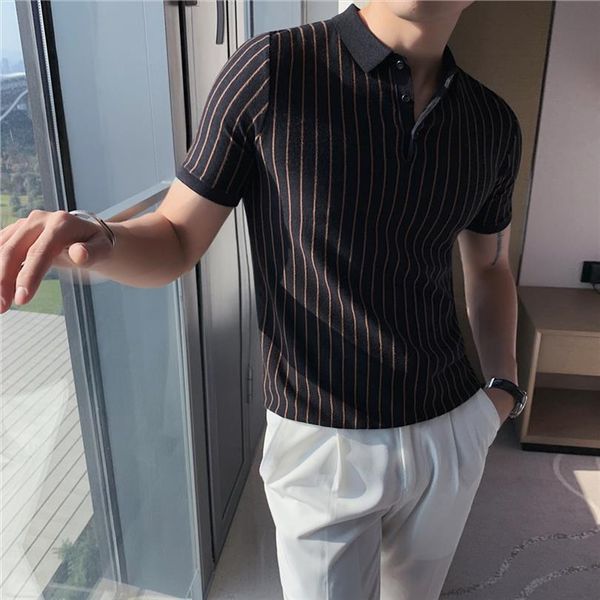 plus size 4xl m summer mens polos short sleeve knitted striped shirts men clothing simple slim ice silk casual tee, White;black