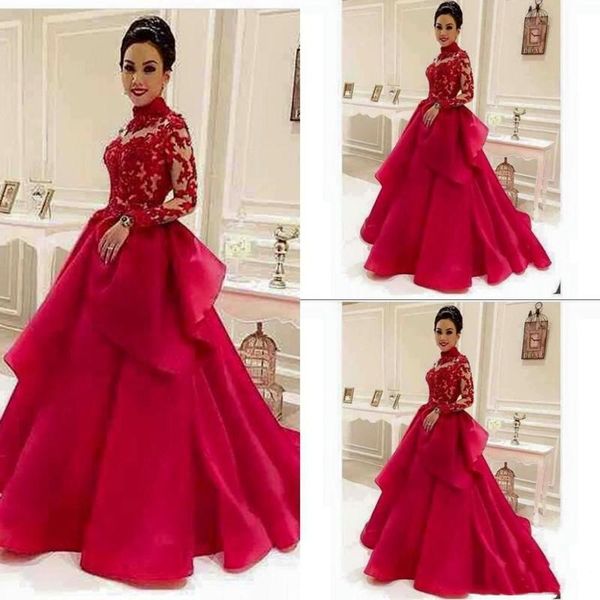 2021 red long sleeves evening dresses lace applique high neck tiered skirt custom made prom party ball gown plus size vestido, Black;red
2021 red long sleeves evening dresses lace applique high neck tiered skirt custom made prom party ball gown plus size vestido, Black;red