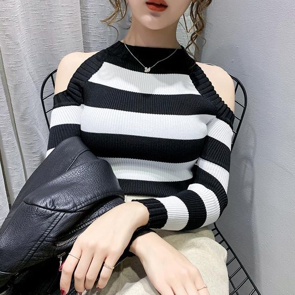 women's sweaters women hollow stripe slim knit sweater young girl pullover long sleeve off shoulder bottoming shirt top, White;black
women's sweaters women hollow stripe slim knit sweater young girl pullover long sleeve off shoulder bottoming shirt top, White;black
