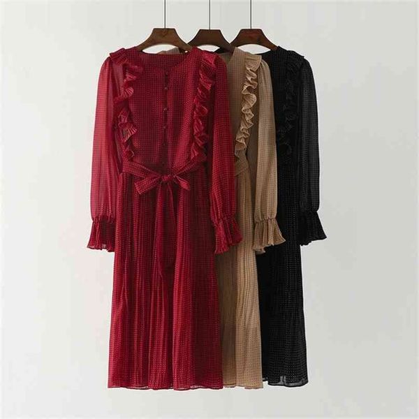 women spring chiffon dress long sleeve vintage dot print lotus leaf pleated robe woman casual dresses 210525, Black;gray 
women spring chiffon dress long sleeve vintage dot print lotus leaf pleated robe woman casual dresses 210525, Black;gray