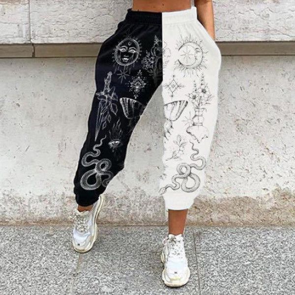 women's pants & capris women high elastic waist sun and moon print sweatpants streetwear woman autumn winter wide leg long jaggers trou, Black;white 
women's pants & capris women high elastic waist sun and moon print sweatpants streetwear woman autumn winter wide leg long jaggers trou, Black;white