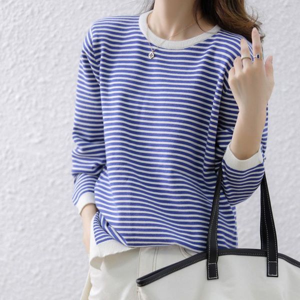 women's sweaters age-reducing blue and white striped knit sweater 2021 autumn temperament casual all-match round neck tid, White;black
women's sweaters age-reducing blue and white striped knit sweater 2021 autumn temperament casual all-match round neck tid, White;black