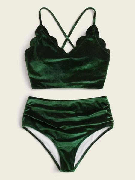 women's swimwear velvet bikini 2021 women solid green ruffled swimsuit female bathers bathing suit lace up bandgae high waist biquini, White;black
women's swimwear velvet bikini 2021 women solid green ruffled swimsuit female bathers bathing suit lace up bandgae high waist biquini, White;black
