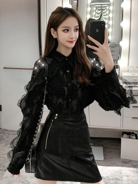 women's blouses & shirts 2021 spring long sleeve chiffon shirt fashion sequin stitching mesh perspective black lapel women blouse, White
women's blouses & shirts 2021 spring long sleeve chiffon shirt fashion sequin stitching mesh perspective black lapel women blouse, White