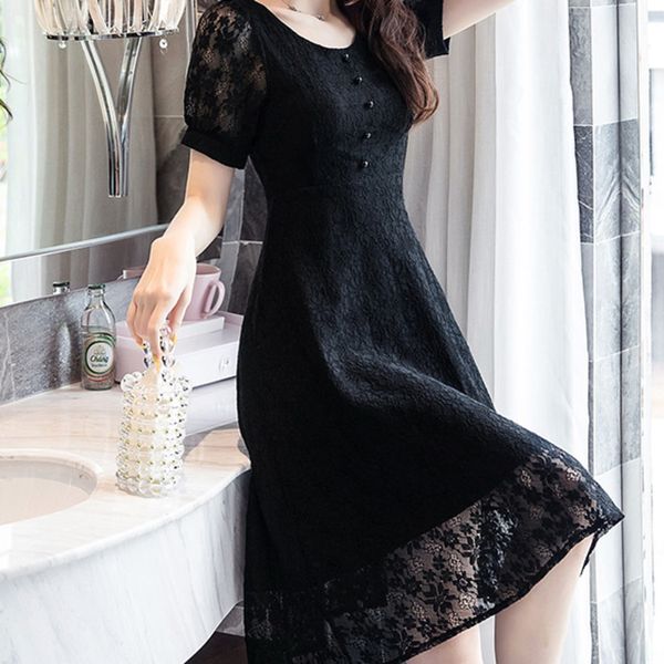 women elegant round neck lace cocktail dress ladies short sleeves a-line midi party dress robe grande taille, Black
women elegant round neck lace cocktail dress ladies short sleeves a-line midi party dress robe grande taille, Black