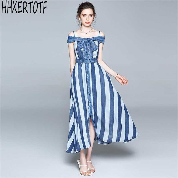 summer elegant stripe denim dress long vintage party femme bow designer casual vestidos 210531, Black;gray
summer elegant stripe denim dress long vintage party femme bow designer casual vestidos 210531, Black;gray