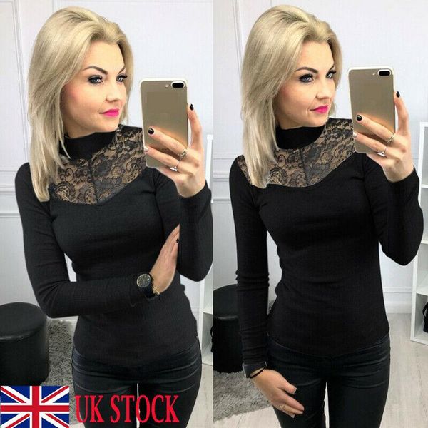 women's t-shirt lady women all lace hollow out stand collar slim fit comfortable base long sleeve party casual tee shirt sexy, White