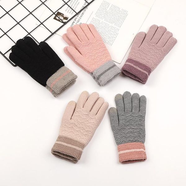 five fingers gloves autumn and winter women' warm cotton outdoor cycling fashion wave pattern colour blocking full finger, Blue;gray 
five fingers gloves autumn and winter women' warm cotton outdoor cycling fashion wave pattern colour blocking full finger, Blue;gray