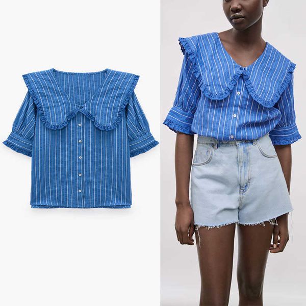 za retro blue striped shirt women short puff sleeve openwork embroidery blouse female fashion button up summer 210602, White
za retro blue striped shirt women short puff sleeve openwork embroidery blouse female fashion button up summer 210602, White
