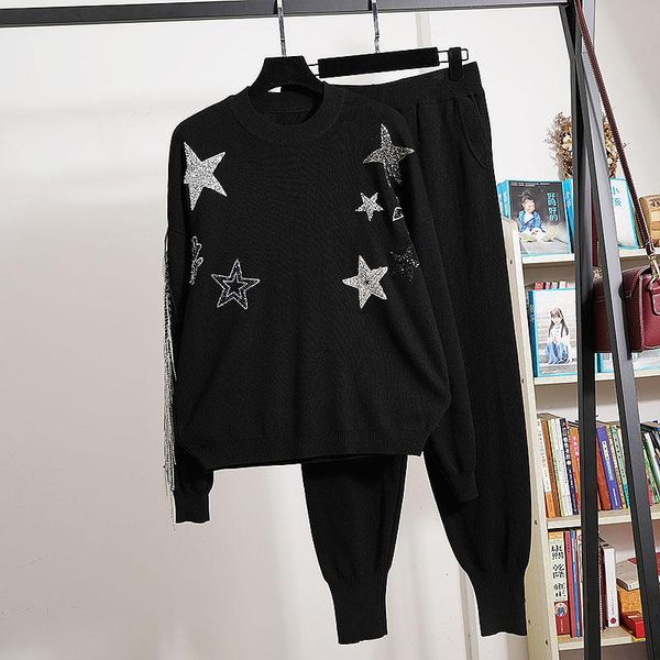 women's two piece pants hand work sequin chain tassel knit tracksuit set women loose casual pullover sweater long outfits female black, White
women's two piece pants hand work sequin chain tassel knit tracksuit set women loose casual pullover sweater long outfits female black, White