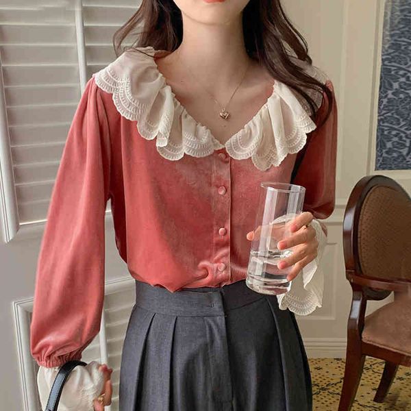 sweet velvet shirt korean ins spring lace stitching doll collar single breast flared sleeve bottoming tide, White
sweet velvet shirt korean ins spring lace stitching doll collar single breast flared sleeve bottoming tide, White