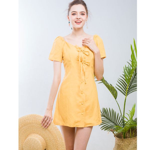 summer new retro buttons yellow cotton linen dress holiday beach dress square collar dress franch style vintage, Black;gray
summer new retro buttons yellow cotton linen dress holiday beach dress square collar dress franch style vintage, Black;gray