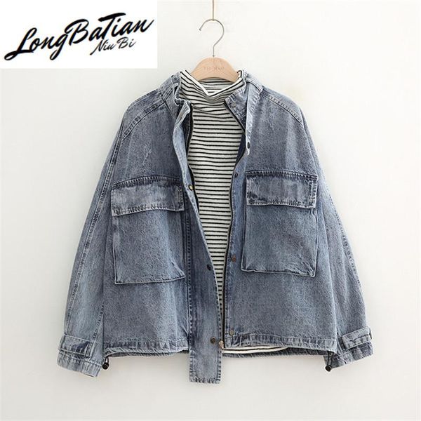 women's jackets vintage frayed stand collar big pocket denim women outerwear 2021 spring loose short long sleeve jeans jacket coat fema, Black;brown
women's jackets vintage frayed stand collar big pocket denim women outerwear 2021 spring loose short long sleeve jeans jacket coat fema, Black;brown