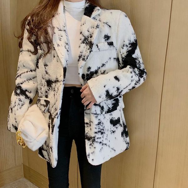 korean elegant tie dye suit jacket causal long sleeve notched collar blazer coat, White;black
korean elegant tie dye suit jacket causal long sleeve notched collar blazer coat, White;black