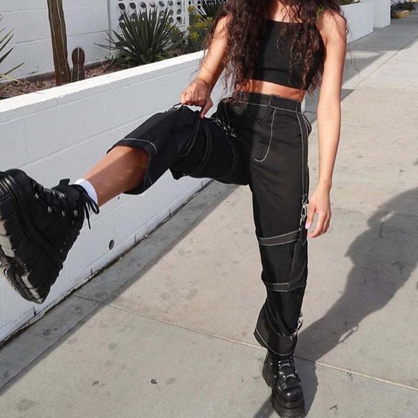 women metal bandages high waist multi pockets straight cargo pants trousers, Black;white
women metal bandages high waist multi pockets straight cargo pants trousers, Black;white