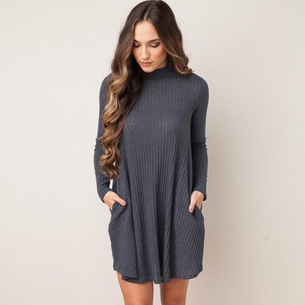 casual dresses elegant female women dress stretchy elastic autumn stand collar long sleeve a line lady knitting vestido party basic top, Black;gray 
casual dresses elegant female women dress stretchy elastic autumn stand collar long sleeve a line lady knitting vestido party basic top, Black;gray