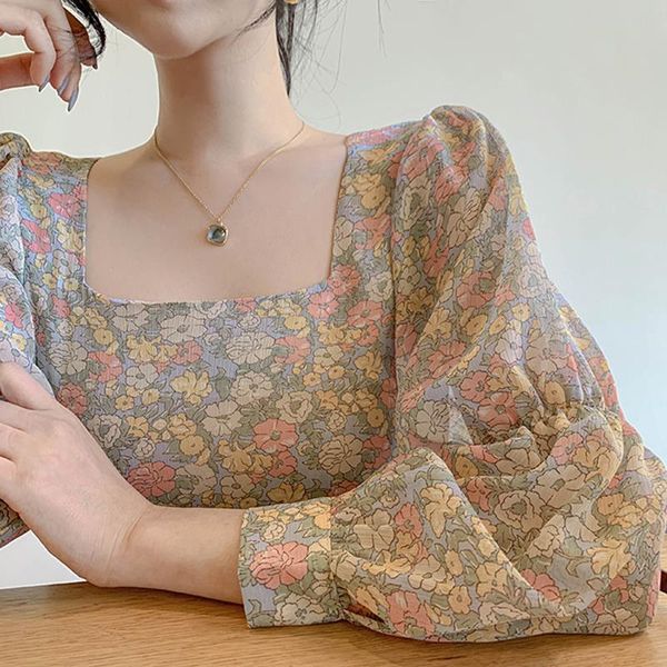 square neck floral blouse chiffon lantern long sleeve blusas elegante mujer de moda 2021 korean fashion clothing vintage, White
square neck floral blouse chiffon lantern long sleeve blusas elegante mujer de moda 2021 korean fashion clothing vintage, White