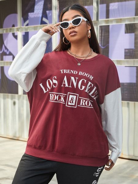 plus letter & colorblock graphic drop shoulder sweatshirt 47qw#, Black