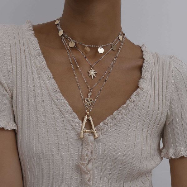 jewelry personality punk snake sequin feminine maple leaf letter mix tassel necklace, Silver