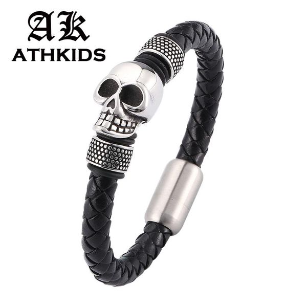 charm bracelets punk black leather bracelet for men jewelry skull stainless steel beads bangle magnetic buckle male sp0057, Golden;silver
charm bracelets punk black leather bracelet for men jewelry skull stainless steel beads bangle magnetic buckle male sp0057, Golden;silver