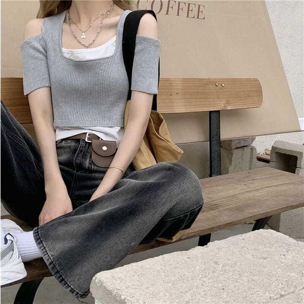 women's t-shirt fake two piece splicing short sleeve for women in summer 2021, White
women's t-shirt fake two piece splicing short sleeve for women in summer 2021, White