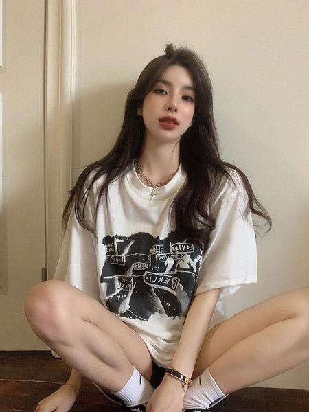 women's t-shirt casual loose korean style versatile inner match mid-length printed round neck short sleeve for women, White
women's t-shirt casual loose korean style versatile inner match mid-length printed round neck short sleeve for women, White